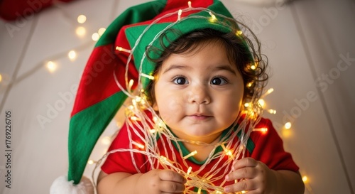 Sweet baby christmas portrait with child dressed as elf for New Year, lights adorning infant. Christmas celebration includes adorable baby christmas in elfish hat with sparkling lights,