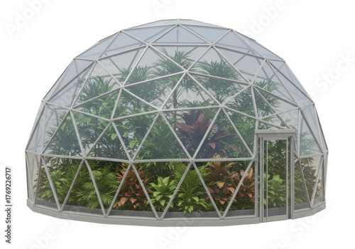 Canvas Print Isolated geodesic greenhouse containing various plants in a lush botanical garde