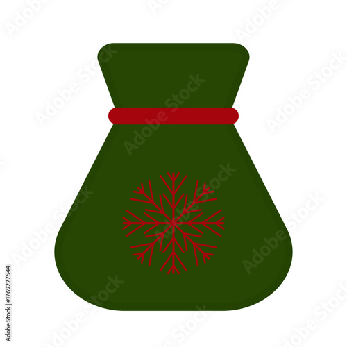 Santa Claus green gift bag icon with a red snowflake isolated on a white or transparent background. Vector illustration. Close-up festive element for Christmas and New Year design.