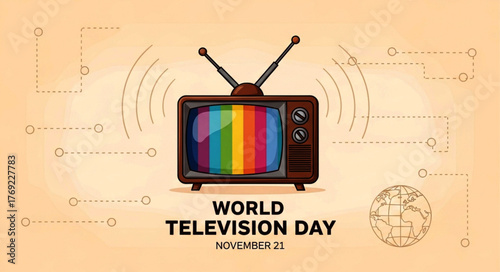 Retro Television Set with Rainbow Screen and Antennae, Celebrating World Television Day