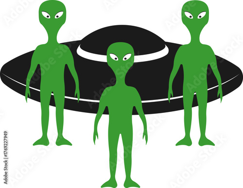 Green aliens and a UFO plate.