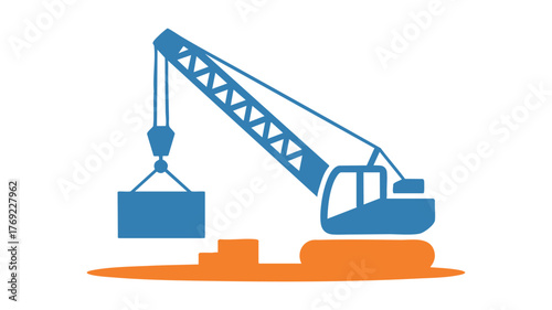 Blue construction crane lifting heavy cargo container in industrial port scene