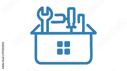 Blue toolbox logo featuring tools and house icon for home improvement services