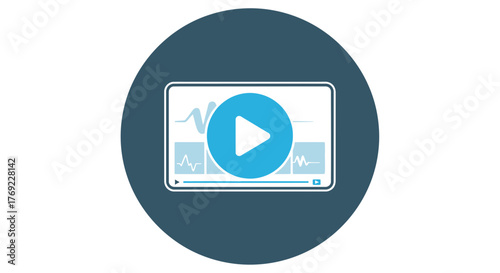 A play button icon on a tablet screen displaying graphs.