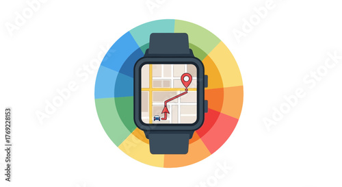 Smartwatch displays a map with a route and car icon, surrounded by a colorful radial chart.