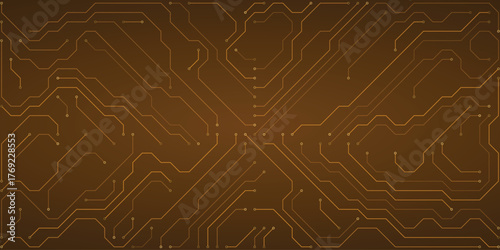 Warm abstract circuit board design with golden orange lines and small square connectors on a rich brown gradient background, symbolizing data flow and technological networks