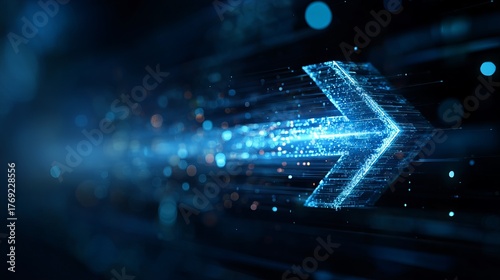Dynamic blue digital arrow surges forward through abstract data streams, representing speed, progress, and futuristic innovation.