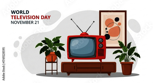 Retro Red Television Set with Antennae on a Brown Wooden Stand