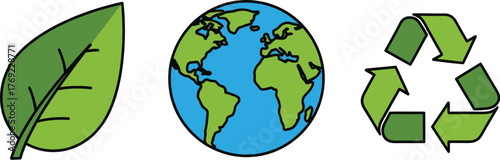 A green leaf, the Earth, and a recycling symbol represent environmental protection and sustainability.