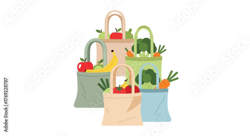 Several reusable shopping bags filled with fresh fruits and vegetables are displayed.