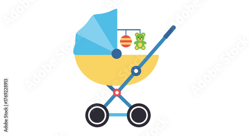 A bright blue and yellow baby stroller with hanging toys is ready for a ride.