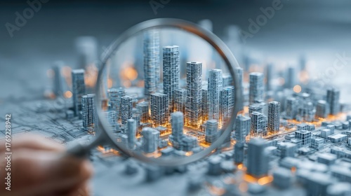 Urban planner examines map with magnifying glass concept. A hand holding a magnifying glass over a detailed city model.