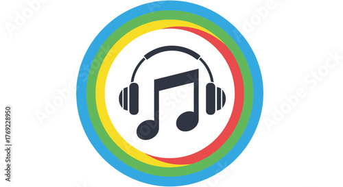 A musical note icon with headphones is displayed on a colorful background.