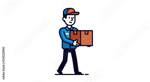 A delivery person carries a package while walking on a white background.