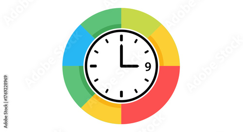 A colorful clock face shows the time as nine o'clock with a white background.