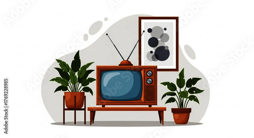 Vintage Pixelated Television with Antenna and Wooden Cabinet, Retro Style Design.