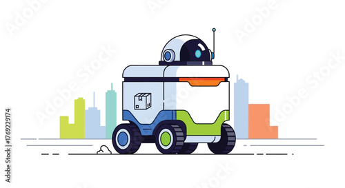 A futuristic delivery robot navigates a city street.