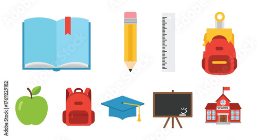 A collection of school supplies and educational items arranged on a white background.