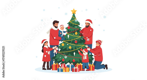 Family Christmas Tree Decorating Festive Holiday Season with Gifts and Joyful Moments