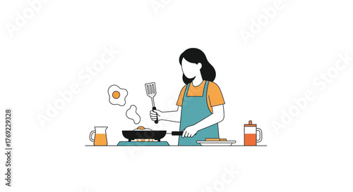 A person cooks breakfast in a kitchen with food and drinks.