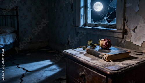 Elegant bedside still life featuring a single red rose and a classic book on a nightstand illuminated by soft light, representing Sant Jordi’s Day, romance, and literary celebration