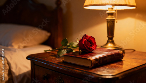 Cozy bedroom scene with a red rose resting on a book atop a nightstand, evoking the Sant Jordi tradition of gifting roses and books, blending romance, literature, and Catalan heritage