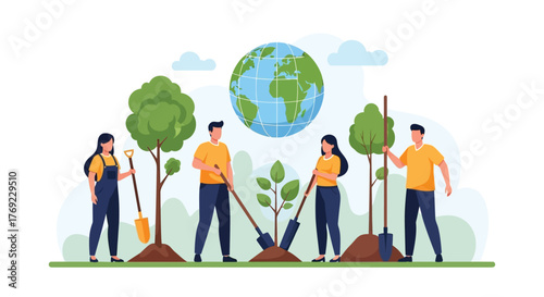 People planting trees around the globe to protect the environment and promote sustainability.