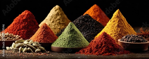 Explosion of spices bursting against dark background concept. A vibrant collection of colorful spice powders arranged neatly.
