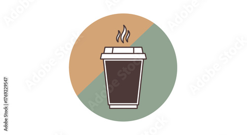 A hot cup of coffee in a disposable container sits on a divided background.