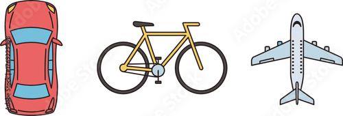 A red car, a yellow bicycle, and a white airplane are displayed side by side.