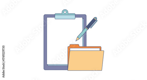 A clipboard with a pen rests next to an open folder on a white background.