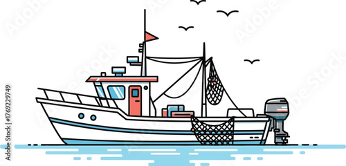 A fishing boat with nets and gulls flies on the water.