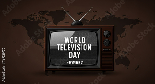 Vintage Television Set with Antennae Displaying "World Television Day" Message