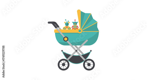 A teal baby stroller contains two small robot figures on a white background.