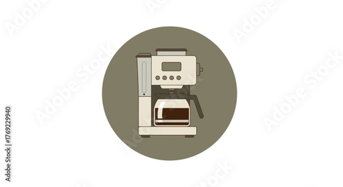 A modern coffee maker with a full carafe of coffee sits inside a circle.