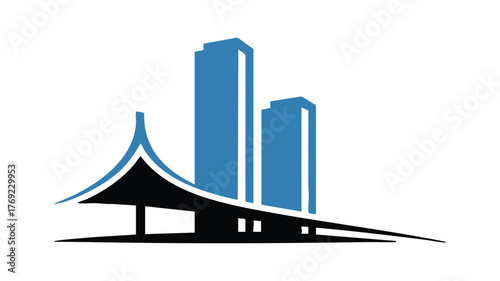 Modern architecture logo featuring sleek blue skyscrapers and unique curved structure
