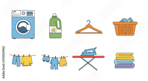 A collection of laundry-related items including a washing machine and ironing board.