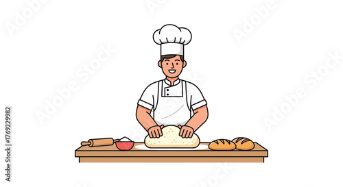 A smiling baker kneads dough on a wooden table with bread and flour nearby.
