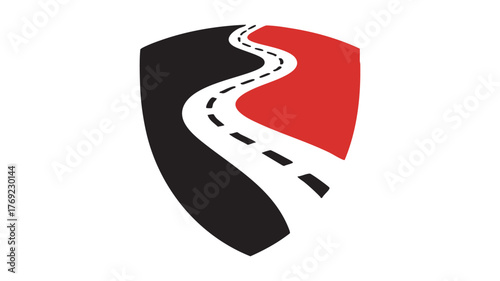 Abstract shield logo design featuring a winding road symbolizing journey and protection