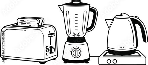 A toaster, blender, and electric kettle are lined up together.