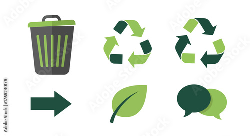 Recycling bin with arrows, leaf and speech bubbles on a white background.