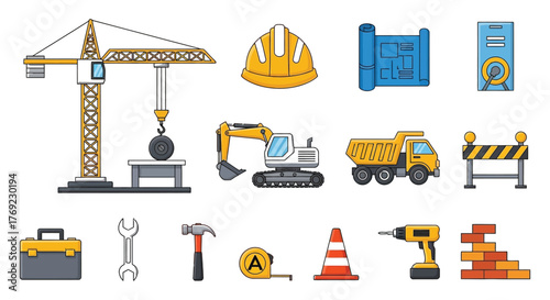 A collection of construction tools and equipment displayed on a white background.