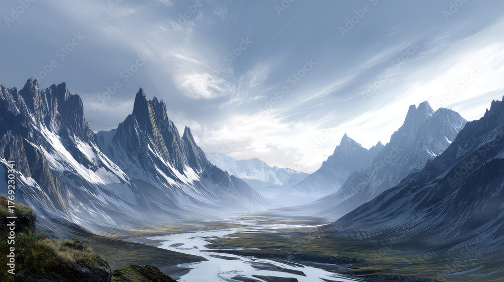 Obraz premium Mountain view above clouds flowers and blooming bushes at sunset sunbeams. Calm close-up beautiful landscape, screensaver background, Beautiful panorama. Summer vacation, holiday, amazing nature.