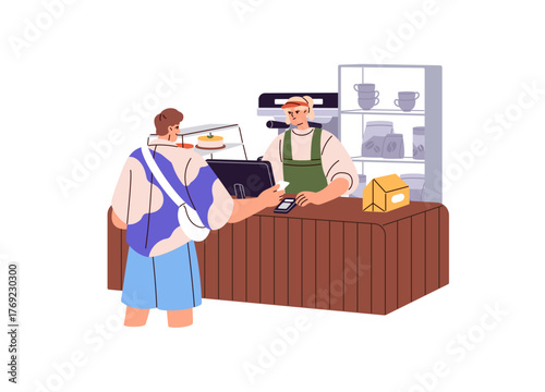 Buyer pays by card at checkout of cafe. Seller works at the counter of bakery, coffeeshop. Customer buys food at till, cash register in shop. Flat isolated vector illustration on white background