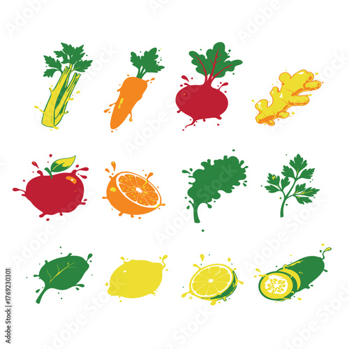 A collection of colorful graphic icons depicting fresh fruits and vegetables with juice splashes, including apple, carrot, lemon, and greens.