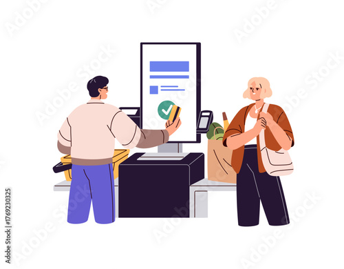 People pay by card at the self service cash register. Couple buys products at the store checkout. Buyers make purchases at till in grocery shop. Flat isolated vector illustration on white background