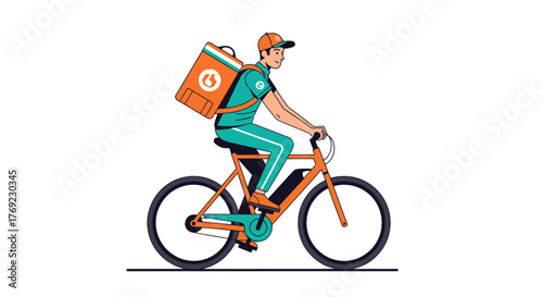 A delivery person on a bicycle with an insulated backpack is shown in this illustration.