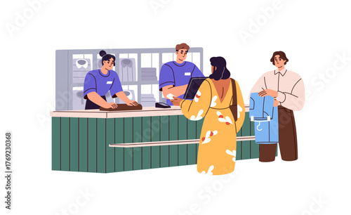 People in line to buy clothes in fashion store. Buyers pay at the checkout, cash register. Customers make purchases at till with cashiers on shop counter. Flat isolated vector illustration on white