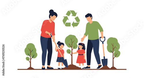 A family plants trees together, symbolizing environmental care and sustainability.