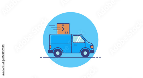 A blue delivery van with a package on its roof is moving quickly.